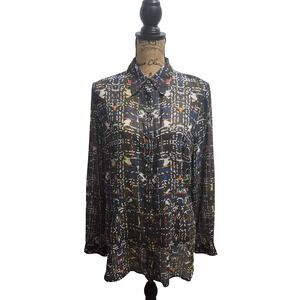 Cabi Womens‎ L Black Sheer Long Sleeve Button Down Blouse Multicolor